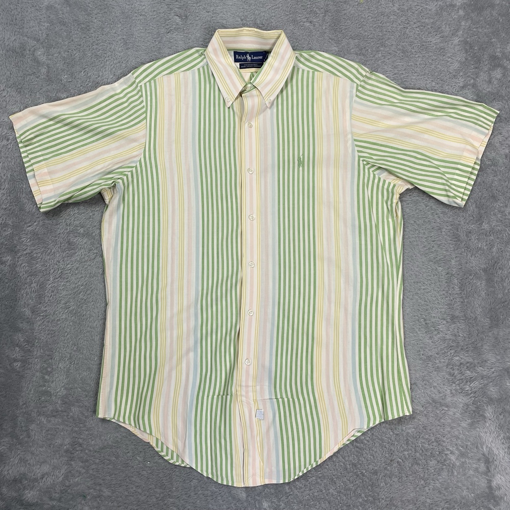 Ralph Lauren Shirt Mens Medium Green Stripe Madras Short Sleeve Button Down